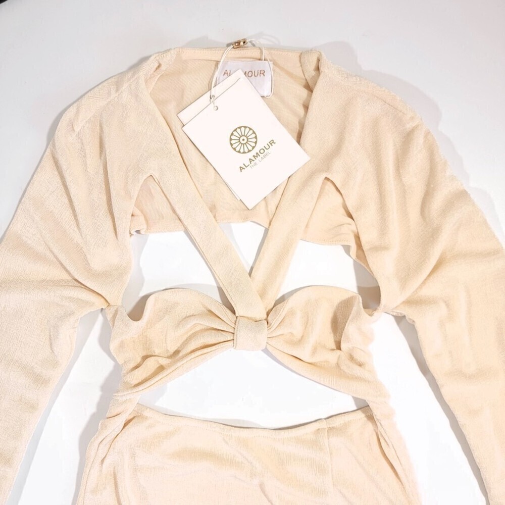 NWT Alamour the Label Satori Cream Knotted Cut Out Midi Dress French Girl Glam - Picture 4 of 10